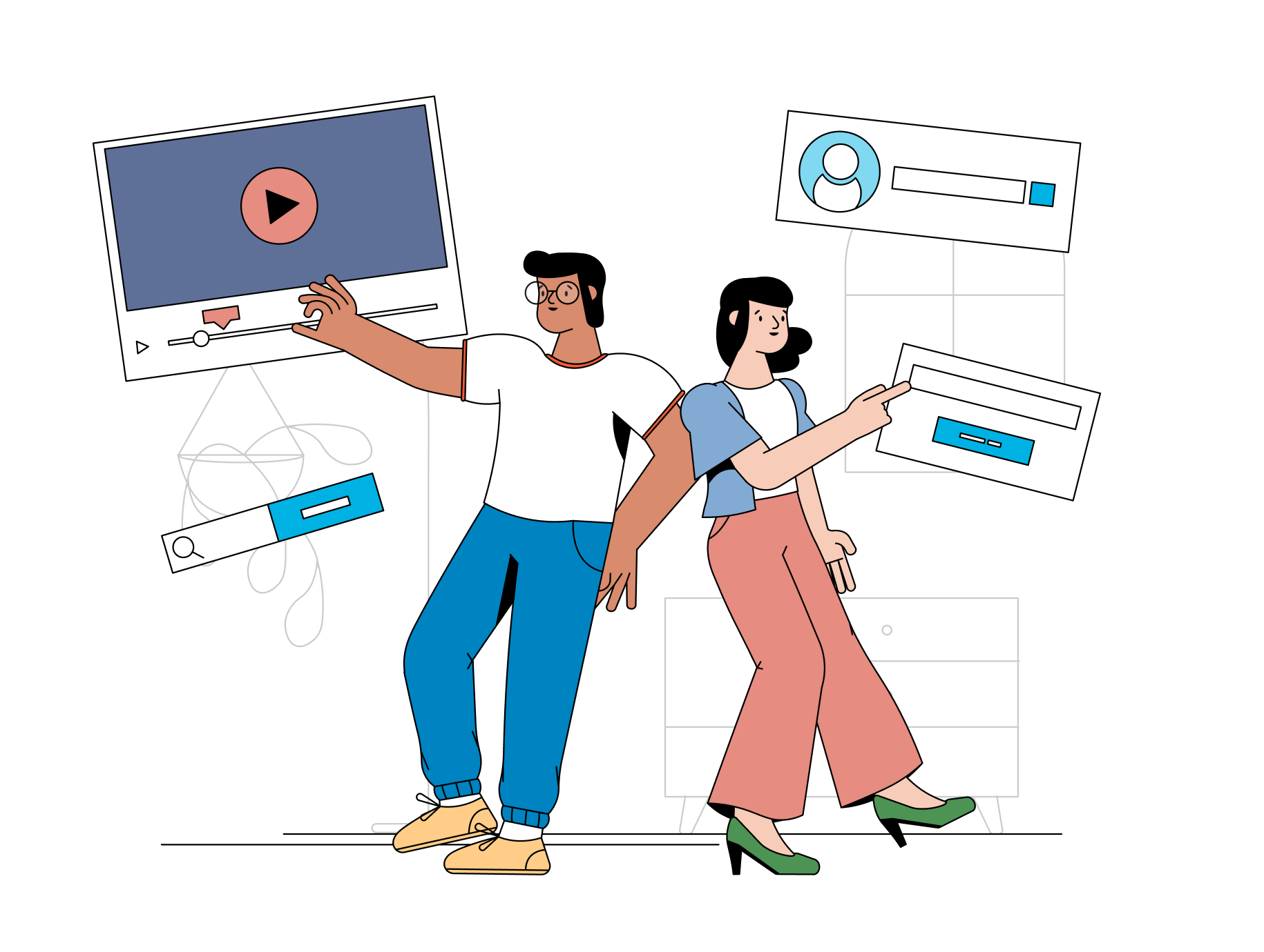 Two people managing apps, videos, and other tools