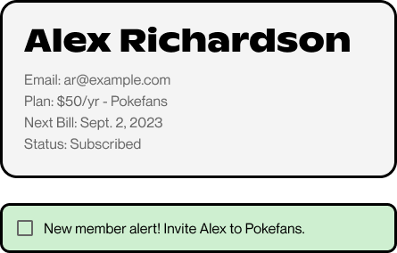 A box indicating the profile of a member named Alex Richardson and a checkbox indicating that they've subscribed and need to be invited.